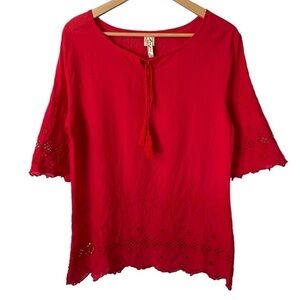 Mengsi Boho Peasant Top Womens S Red Embroidered Eyelet Lace Tunic Shirt EUC